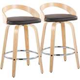 Grotto 26" Swivel Counter Stool in Natural Wood & Brown Leatherette with Chrome Footrest (Set of 2)